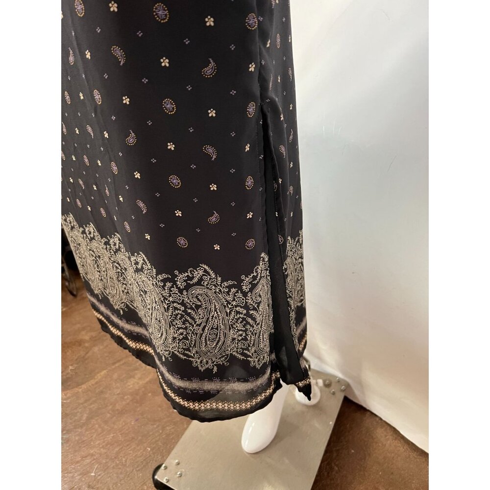 Vintage Black Midi Skirt sz 10  With Paisley & Floral Print Side Slit Button Clo - Picture 3 of 15